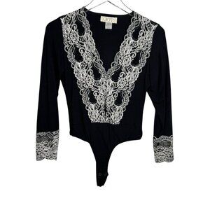 Vintage 80's CACHE Lace trim bodysuit black size small Long Sleeve Made in USA